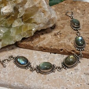 Oval Labradorite Cabochons and Sterling Link Toggle Clasp Bracelet